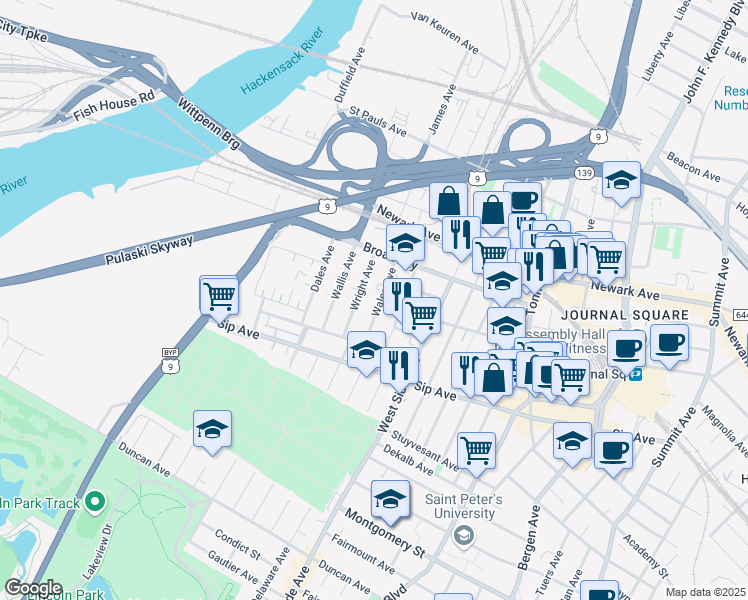 map of restaurants, bars, coffee shops, grocery stores, and more near 53 Wright Avenue in Jersey City