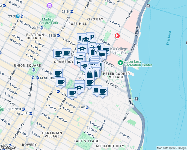 map of restaurants, bars, coffee shops, grocery stores, and more near in New York