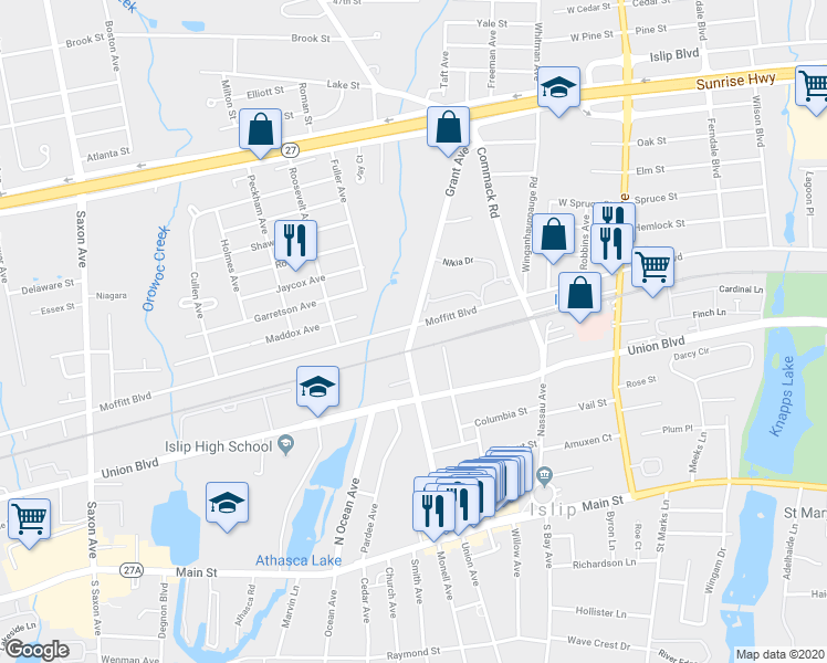 map of restaurants, bars, coffee shops, grocery stores, and more near 169 Grant Avenue in Islip