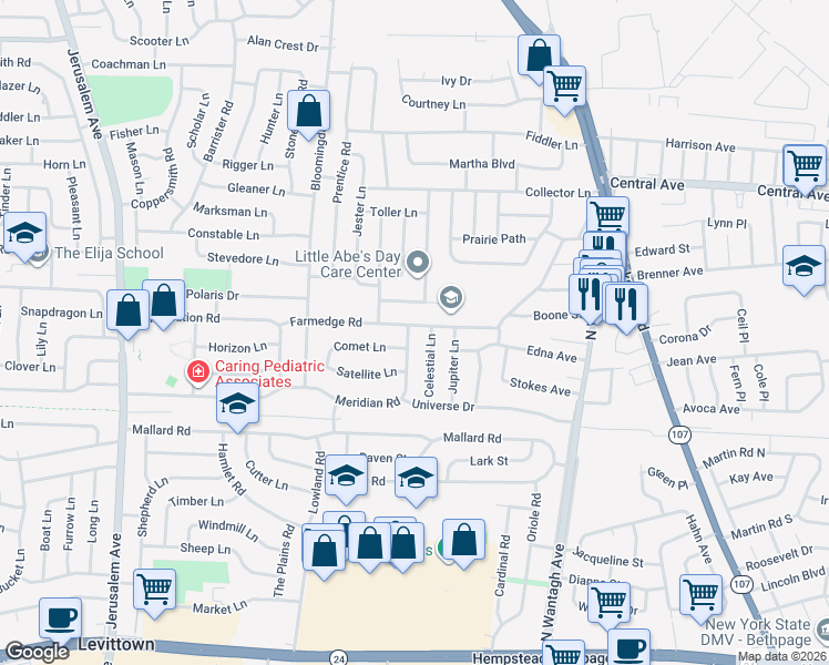 map of restaurants, bars, coffee shops, grocery stores, and more near 98 Farmedge Road in Levittown
