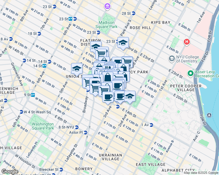 map of restaurants, bars, coffee shops, grocery stores, and more near 124 East 16th Street in New York