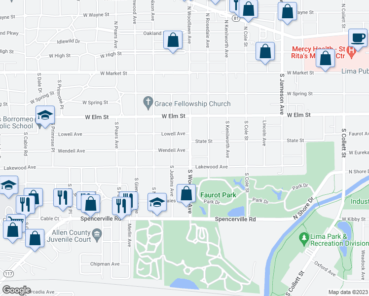 map of restaurants, bars, coffee shops, grocery stores, and more near 1412 Wendell Avenue in Lima