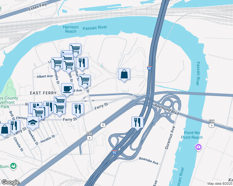 map of restaurants, bars, coffee shops, grocery stores, and more near 17 Blanchard Street in Newark