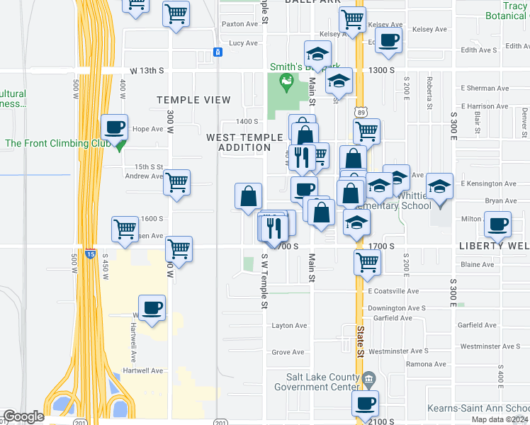 map of restaurants, bars, coffee shops, grocery stores, and more near 1583 West Temple in Salt Lake City