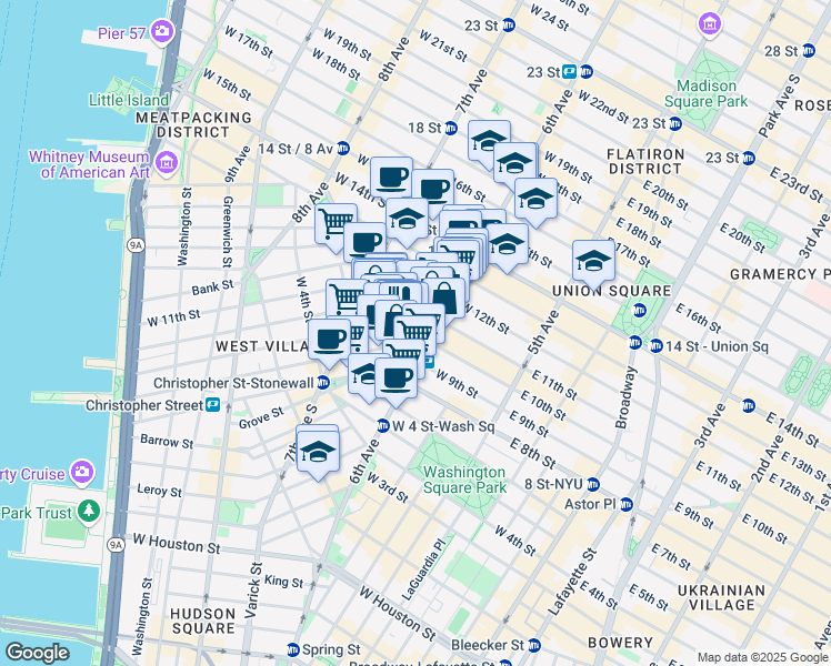 map of restaurants, bars, coffee shops, grocery stores, and more near 3 Patchin Place in New York