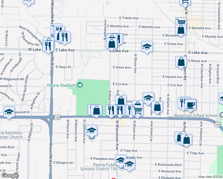 map of restaurants, bars, coffee shops, grocery stores, and more near 600-698 East Cox Avenue in Peoria