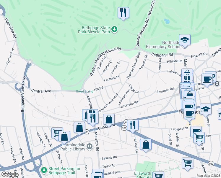 map of restaurants, bars, coffee shops, grocery stores, and more near 6 Hill Road in Farmingdale