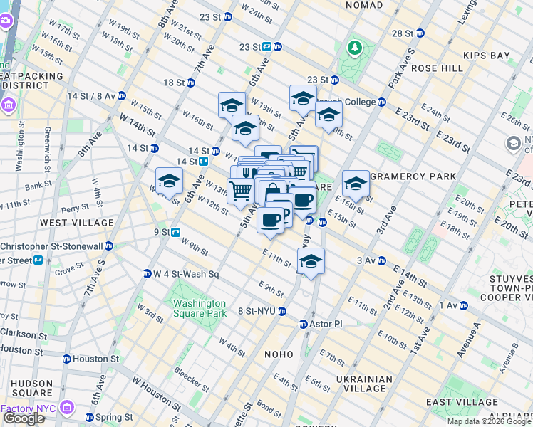 map of restaurants, bars, coffee shops, grocery stores, and more near 2 West 14th Street in New York