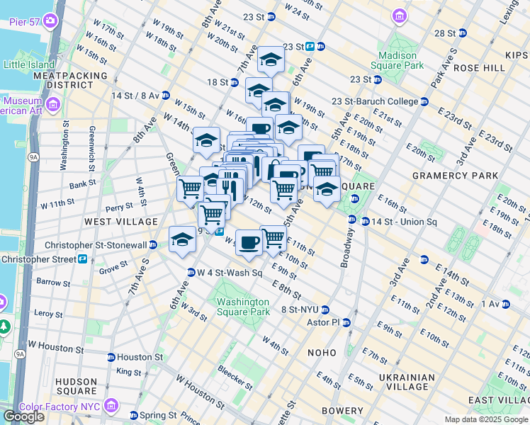 map of restaurants, bars, coffee shops, grocery stores, and more near 34 West 12th Street in New York