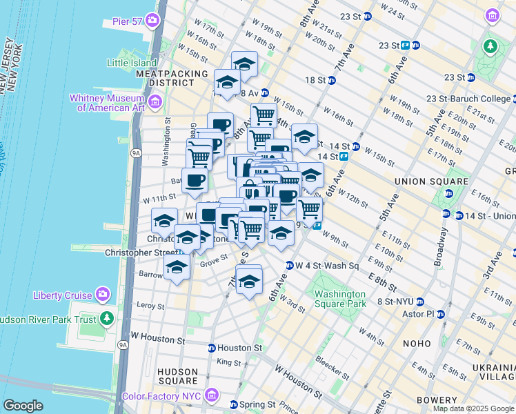 map of restaurants, bars, coffee shops, grocery stores, and more near 64 Charles Street in New York