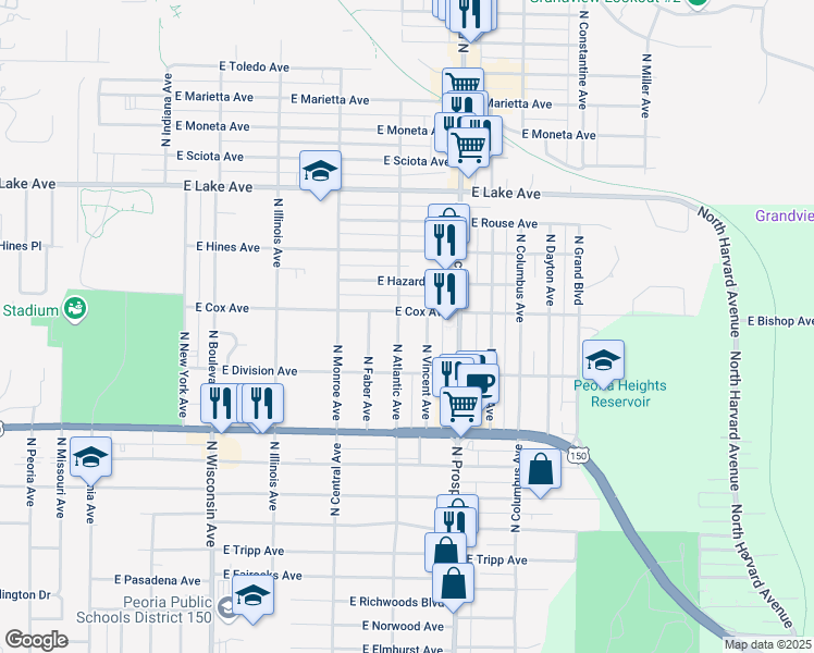 map of restaurants, bars, coffee shops, grocery stores, and more near 3923 North Atlantic Avenue in Peoria Heights