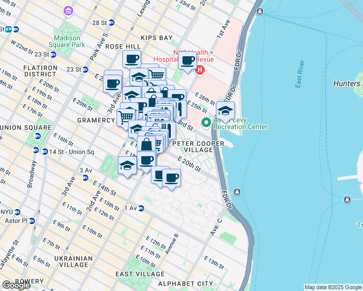 map of restaurants, bars, coffee shops, grocery stores, and more near 2 Peter Cooper Road in New York