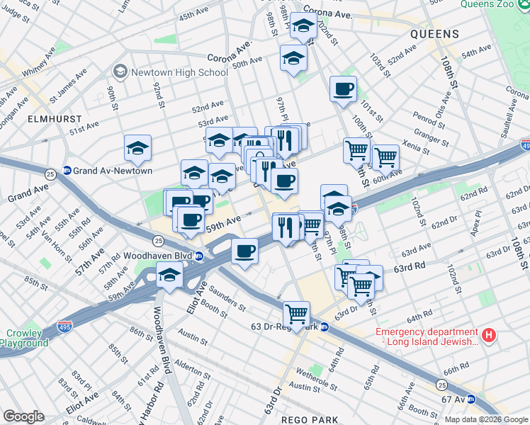 map of restaurants, bars, coffee shops, grocery stores, and more near 59-04 Junction Boulevard in Queens