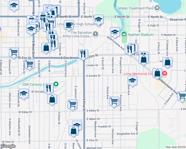 map of restaurants, bars, coffee shops, grocery stores, and more near 340 Mc Pheron Avenue in Lima
