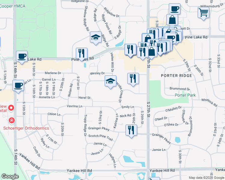 map of restaurants, bars, coffee shops, grocery stores, and more near 7401 Jacobs Creek Drive in Lincoln