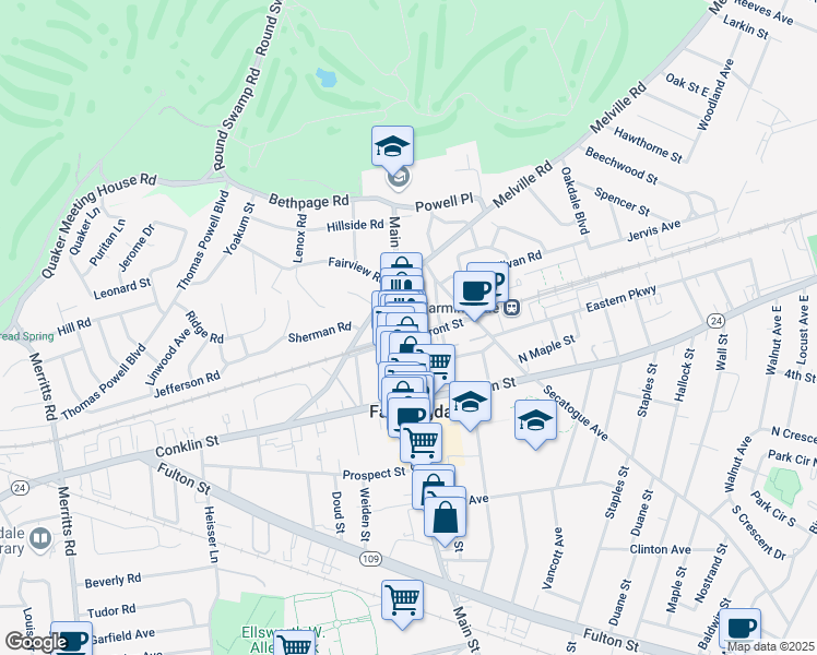 map of restaurants, bars, coffee shops, grocery stores, and more near 145 Main Street in Farmingdale