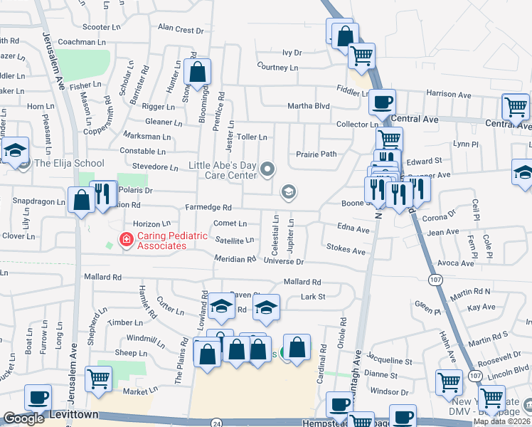 map of restaurants, bars, coffee shops, grocery stores, and more near 98 Farmedge Road in Levittown