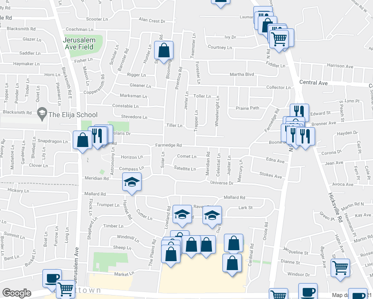 map of restaurants, bars, coffee shops, grocery stores, and more near 54 Trapper Lane in Levittown