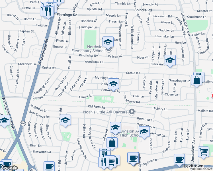 map of restaurants, bars, coffee shops, grocery stores, and more near 53 Hollyhock Road in Levittown