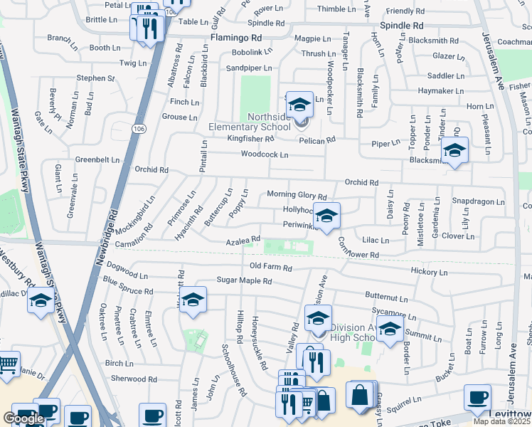 map of restaurants, bars, coffee shops, grocery stores, and more near 31 Hollyhock Road in Levittown