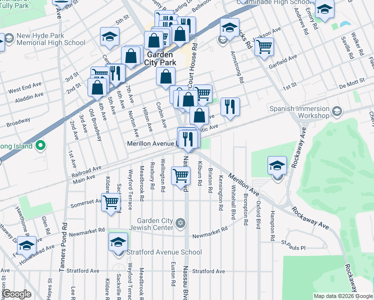 map of restaurants, bars, coffee shops, grocery stores, and more near 283 Nassau Boulevard in Garden City