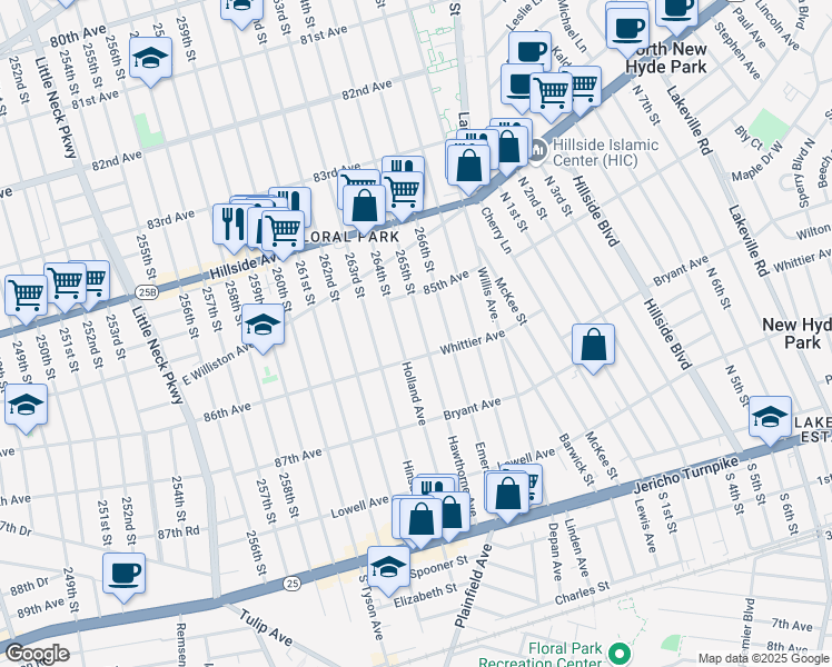 map of restaurants, bars, coffee shops, grocery stores, and more near 137 Hawthorne Avenue in Floral Park