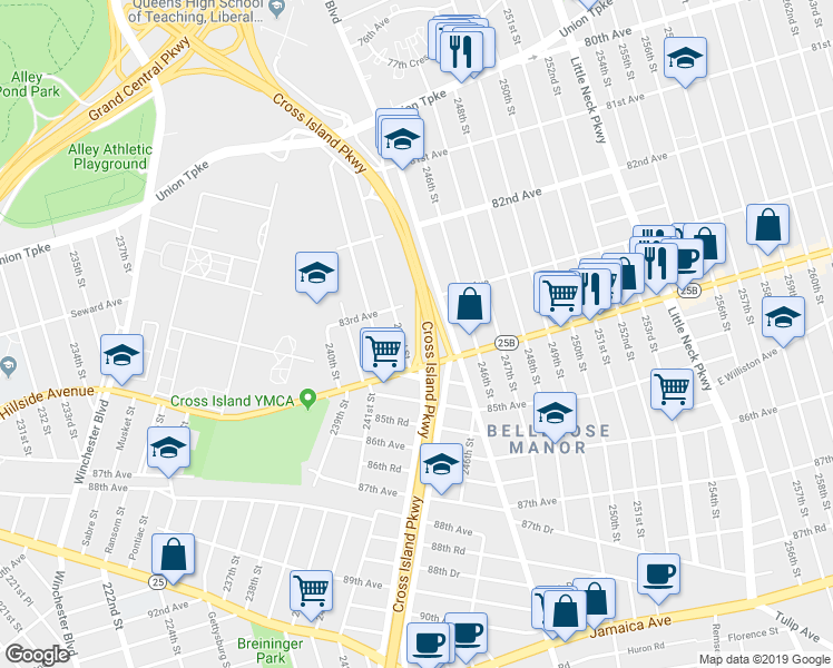 map of restaurants, bars, coffee shops, grocery stores, and more near 83-11 243rd Street in Queens