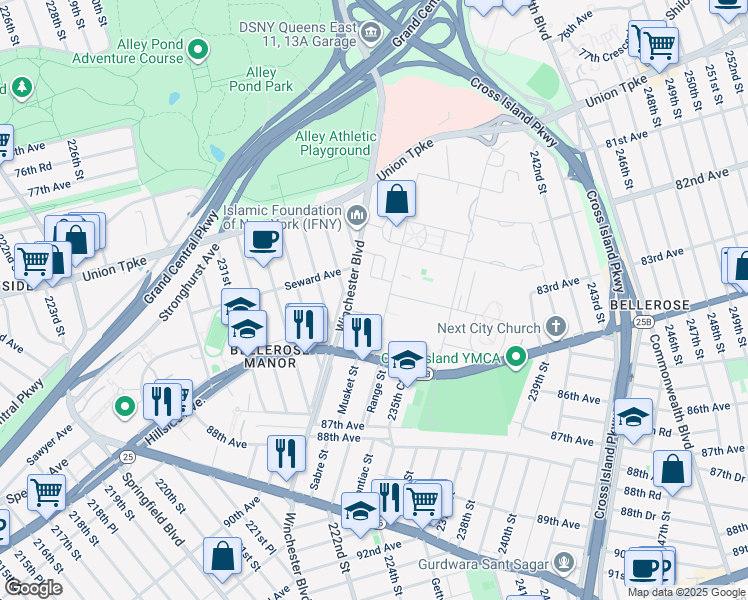 map of restaurants, bars, coffee shops, grocery stores, and more near 82-82 Country Pointe Circle in Queens