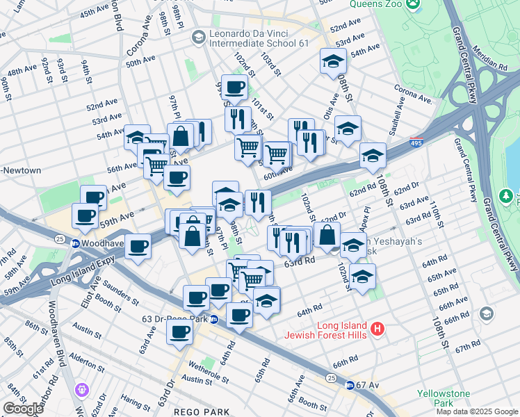 map of restaurants, bars, coffee shops, grocery stores, and more near 98-56 Horace Harding Expressway in Queens