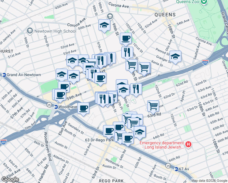 map of restaurants, bars, coffee shops, grocery stores, and more near 9715 Horace Harding Expressway in Queens