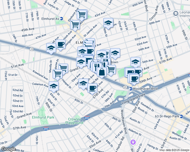 map of restaurants, bars, coffee shops, grocery stores, and more near 86-48 Queens Boulevard in Queens