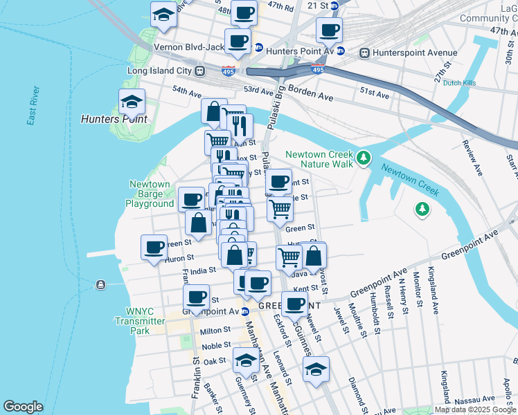 map of restaurants, bars, coffee shops, grocery stores, and more near 187 Eagle Street in Brooklyn