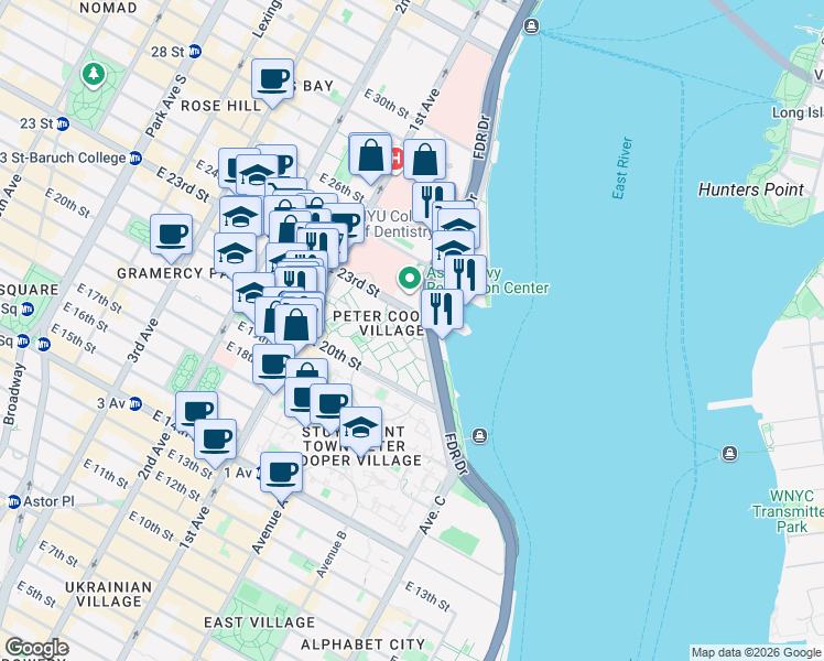 map of restaurants, bars, coffee shops, grocery stores, and more near 2430 Fdr Drive Service Road East in New York