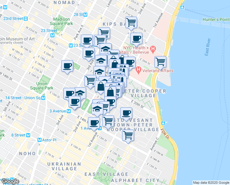 map of restaurants, bars, coffee shops, grocery stores, and more near in New York