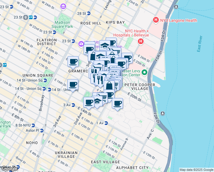 map of restaurants, bars, coffee shops, grocery stores, and more near 320 East 20th Street in New York