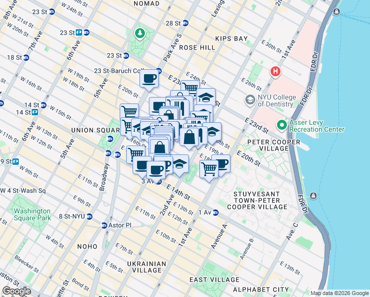 map of restaurants, bars, coffee shops, grocery stores, and more near 211 East 18th Street in New York