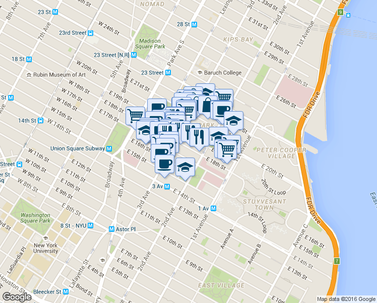 map of restaurants, bars, coffee shops, grocery stores, and more near 211 East 18th Street in New York