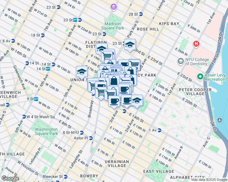map of restaurants, bars, coffee shops, grocery stores, and more near 40 Irving Place in New York