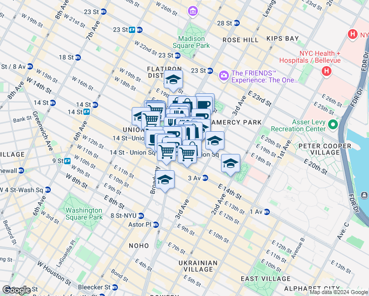 map of restaurants, bars, coffee shops, grocery stores, and more near 44-48 Union Square East in New York