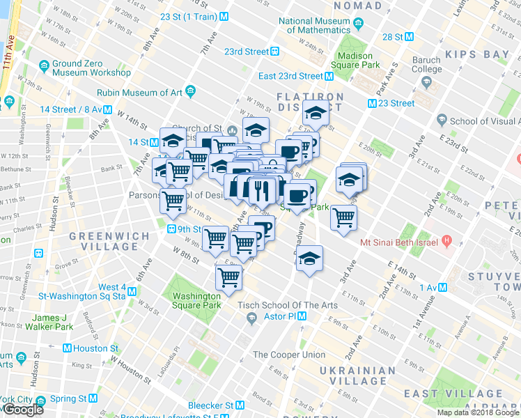 map of restaurants, bars, coffee shops, grocery stores, and more near 2 West 14th Street in New York