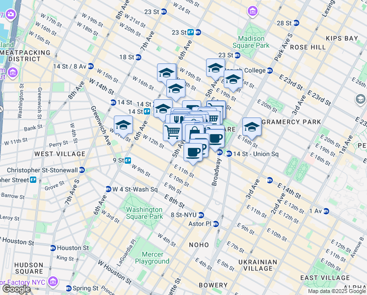 map of restaurants, bars, coffee shops, grocery stores, and more near 2 West 14th Street in New York
