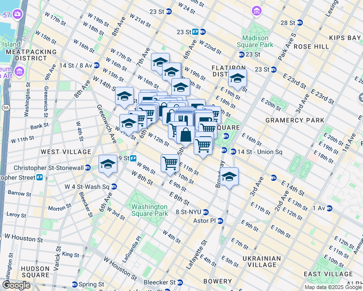 map of restaurants, bars, coffee shops, grocery stores, and more near 10 West 13th Street in New York