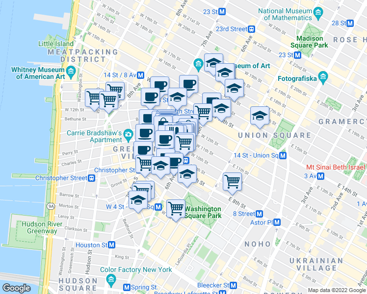 map of restaurants, bars, coffee shops, grocery stores, and more near 126 West 11th Street in New York