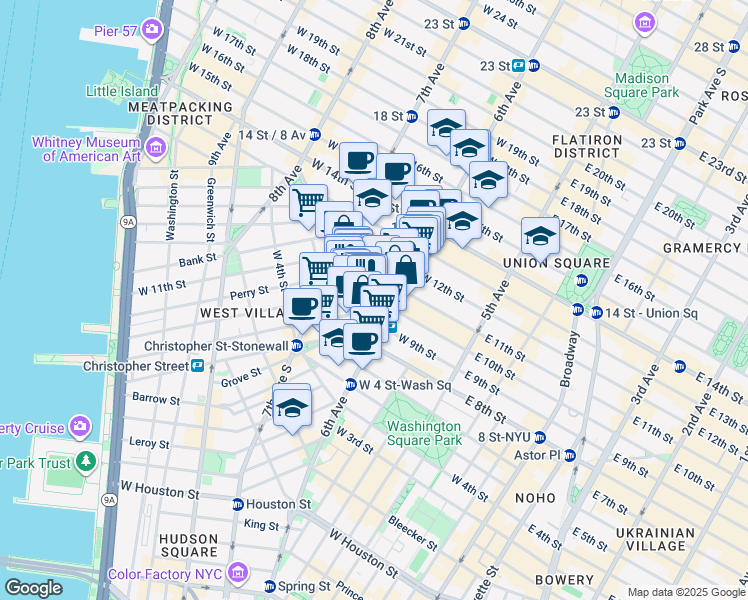 map of restaurants, bars, coffee shops, grocery stores, and more near 126 West 11th Street in New York
