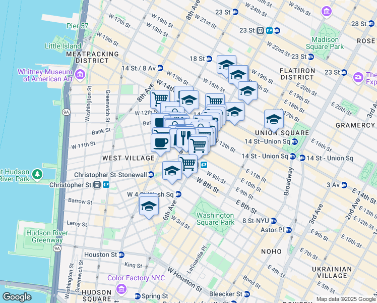 map of restaurants, bars, coffee shops, grocery stores, and more near 126 West 11th Street in New York
