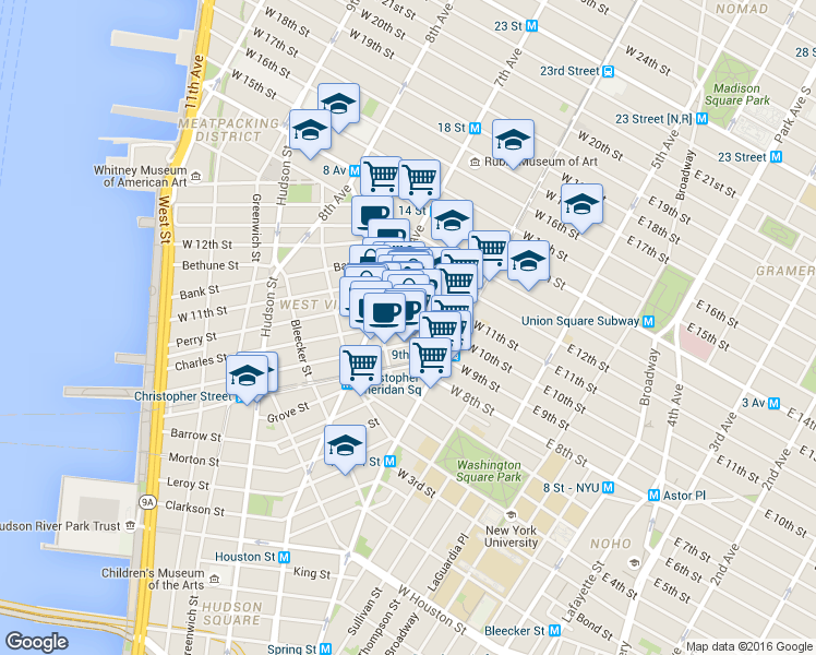map of restaurants, bars, coffee shops, grocery stores, and more near 70 Greenwich Avenue in New York