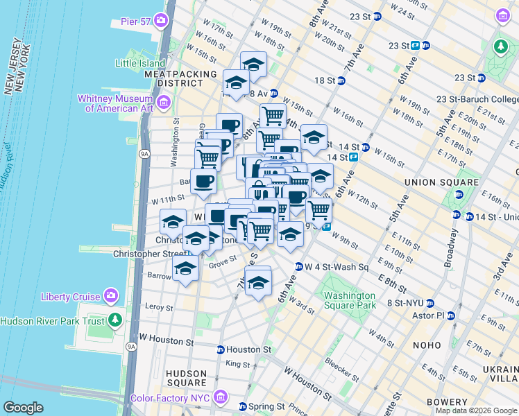 map of restaurants, bars, coffee shops, grocery stores, and more near 64 Charles Street in New York