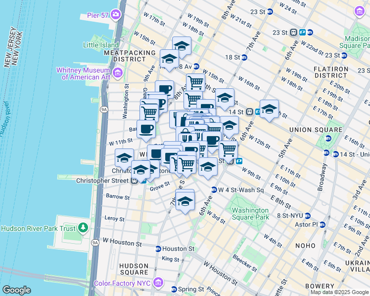 map of restaurants, bars, coffee shops, grocery stores, and more near 36 Perry Street in New York