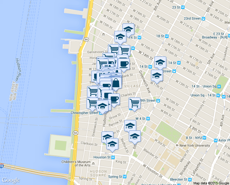 map of restaurants, bars, coffee shops, grocery stores, and more near 100 Perry Street in New York