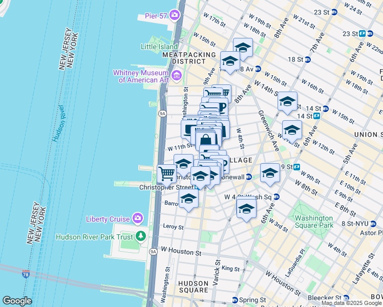 map of restaurants, bars, coffee shops, grocery stores, and more near 316 West 11th Street in New York